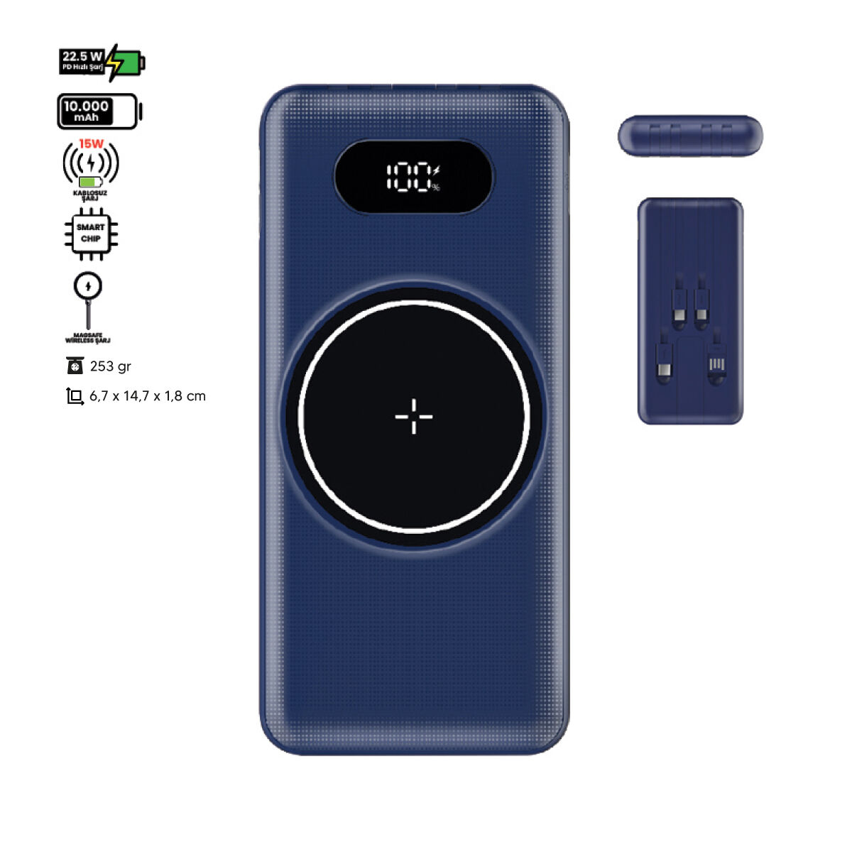 POLLY POWERBANK LACİVERT 10.000 MAH 22,5W PD HIZLI ŞARJ 15,5W MAGSAFE